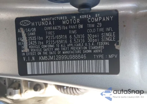 2009 Hyundai Tucson Gls from USA, damaged, VIN KM8JM12B99U988846